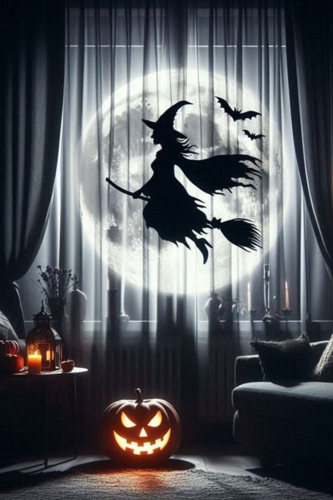 Witch flying silhouette across painted moon.