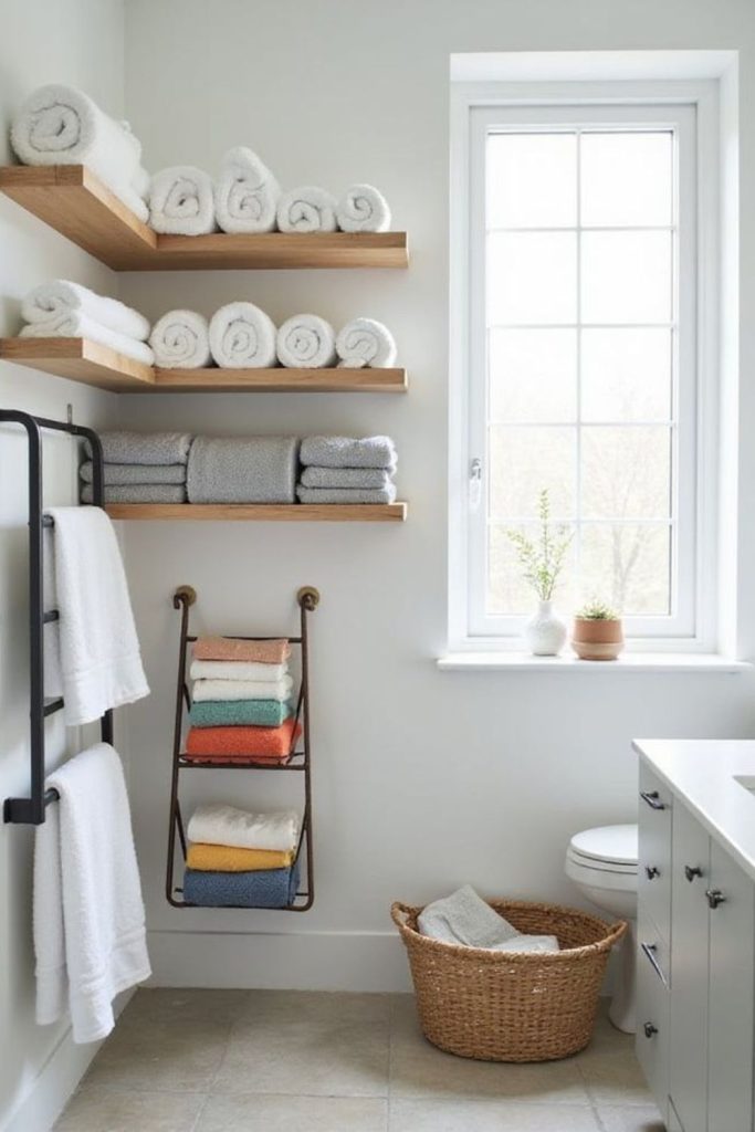 Fold-down wall shelf for vanity.