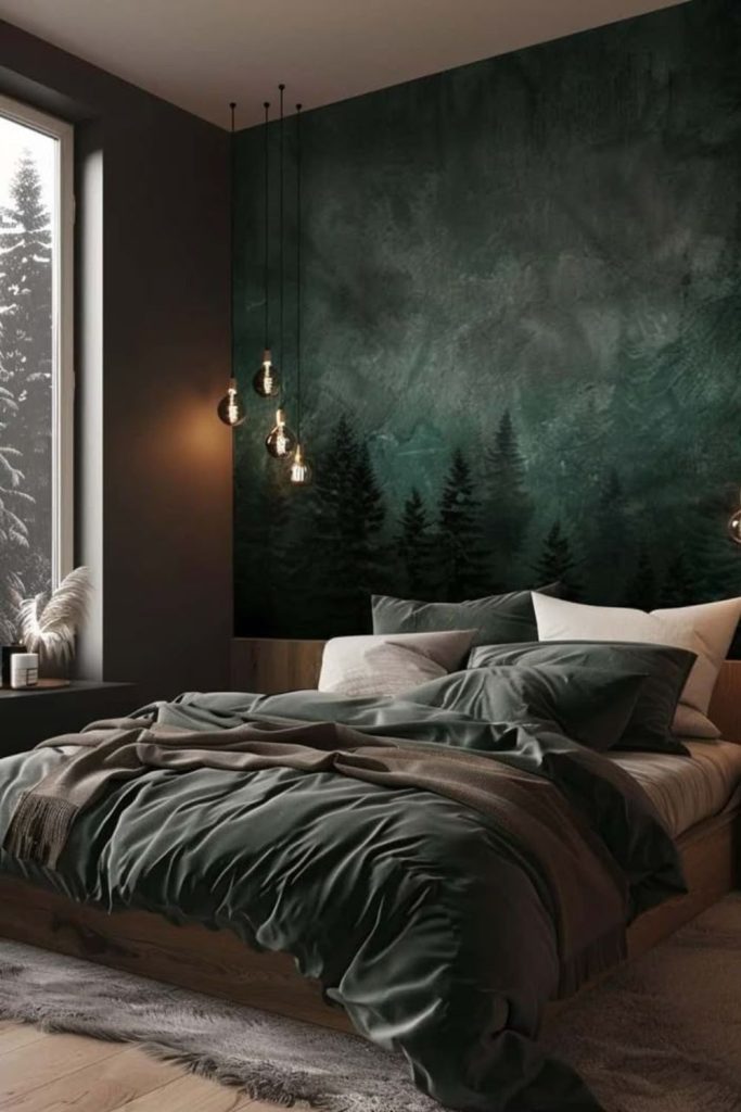 Green woodland-inspired peaceful bedroom.