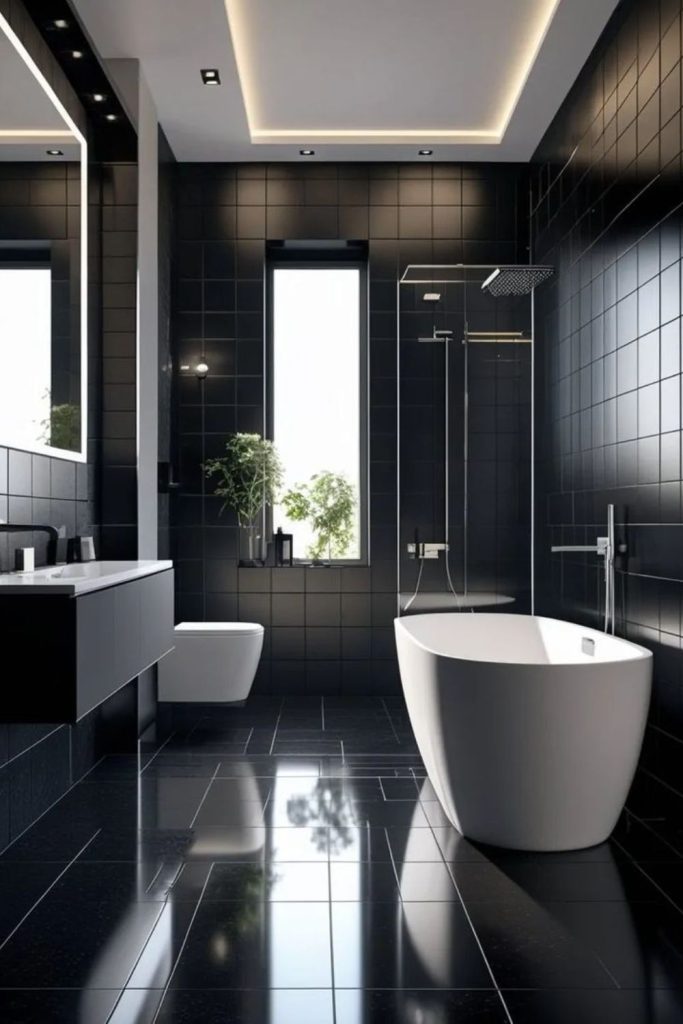Frosted glass and dark tile bathroom.