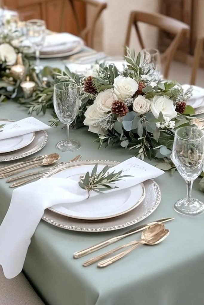 Elegant frosted winter evergreen tablescape decor.