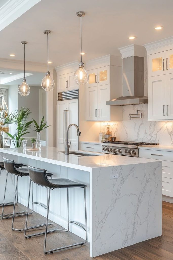 Frosted glass serene white kitchen design.