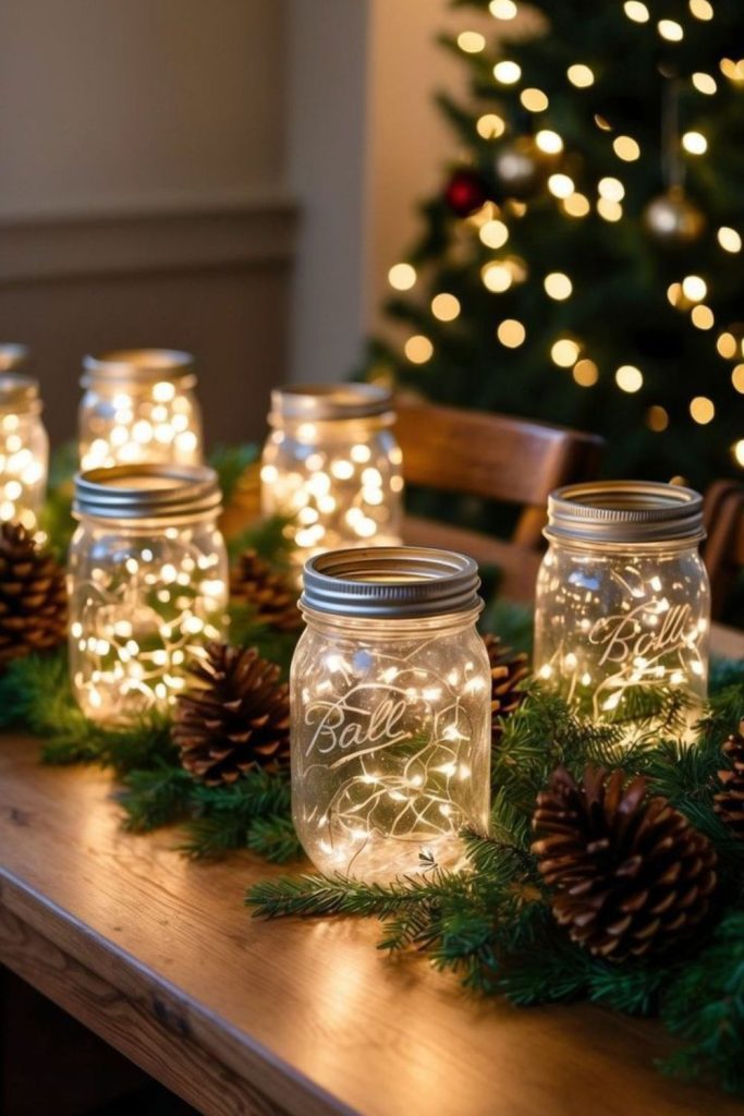 Frosted mason jars glowing winter light.