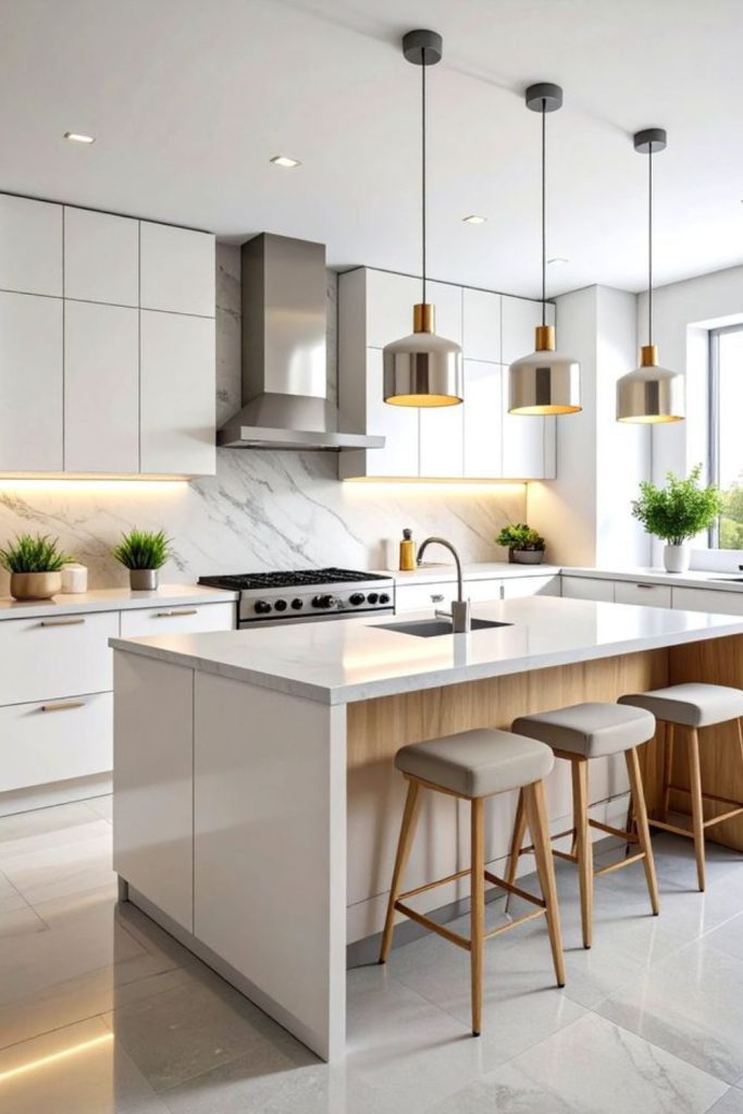 Nordic white kitchen with birch tones.