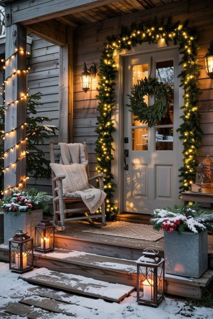 Frosted pine porch with glowing lanterns.