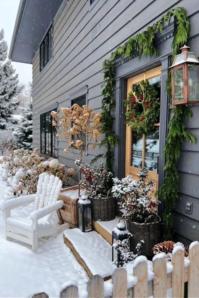 Vintage rustic porch with frosted sled.