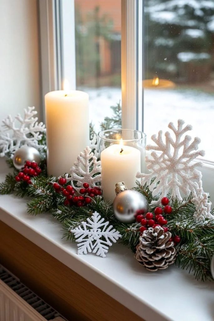 Frosted winter window with glowing lights