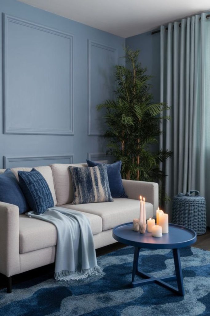 Frosty blue cozy winter retreat room.