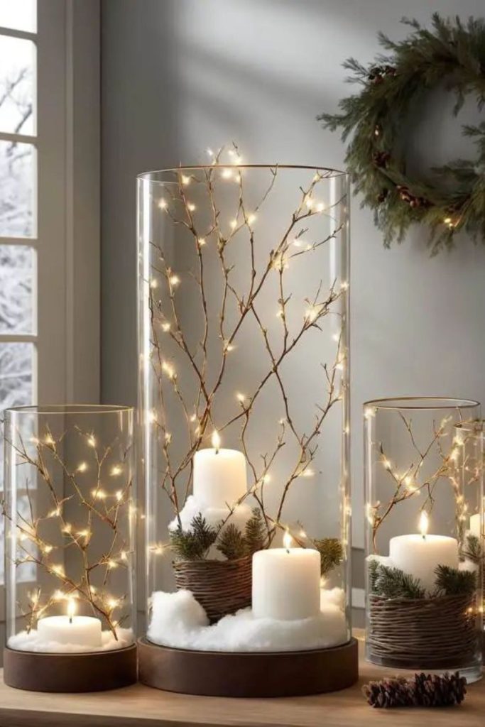 Frosted candle jars glowing softly.