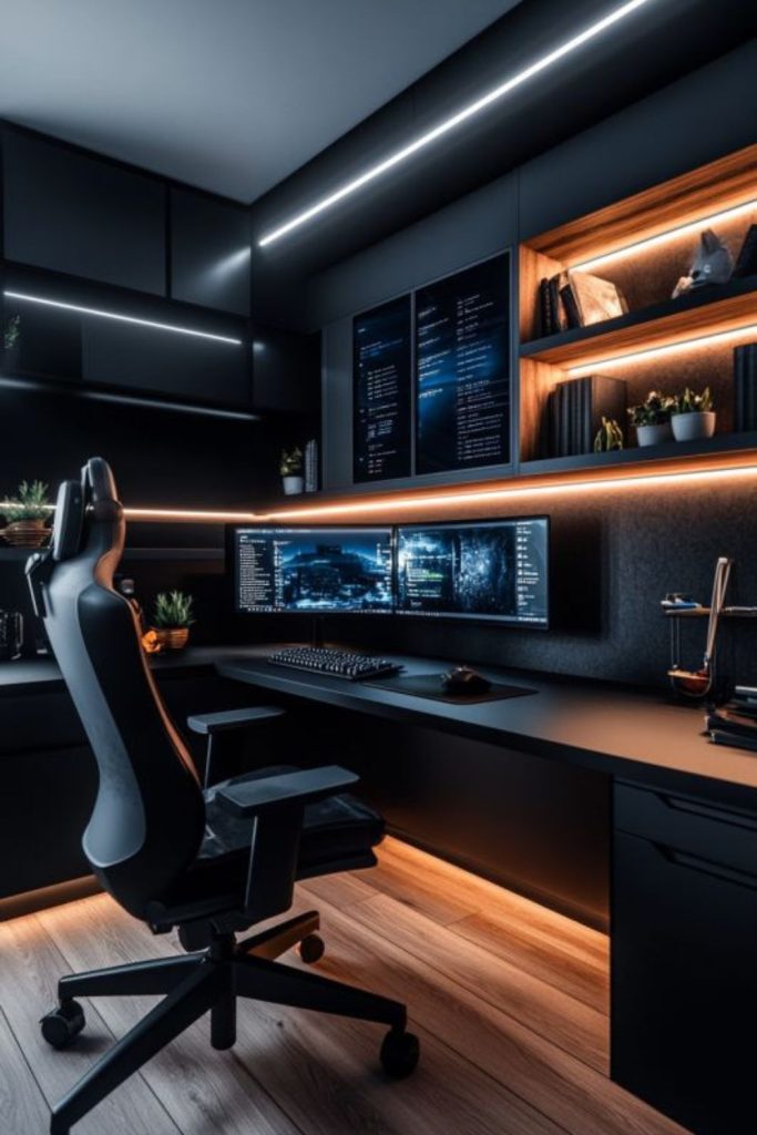 Futuristic tech pod with chrome desk