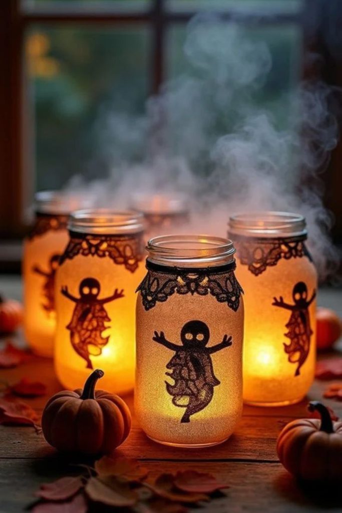 Ghost lantern jars glowing on table.
