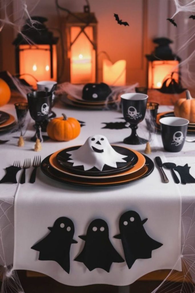 Floating ghost napkins hanging above plates