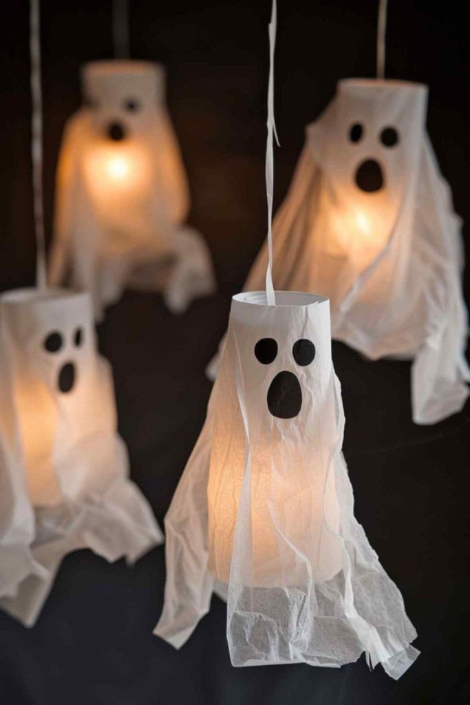 Ghostly paper lanterns glowing at night.