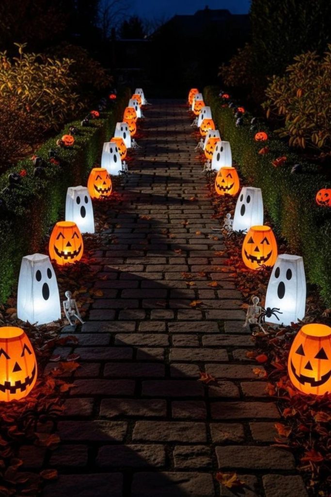 Ghostly path lanterns guiding walkway