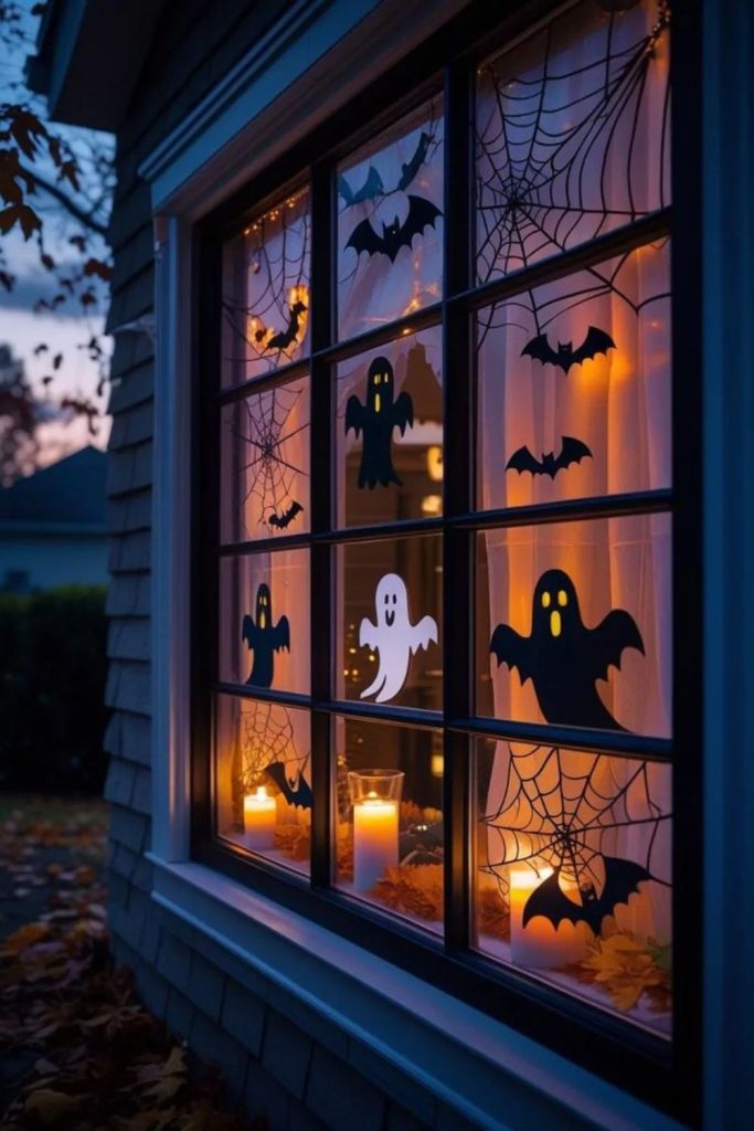 Ghost silhouettes painted glowing on windows.