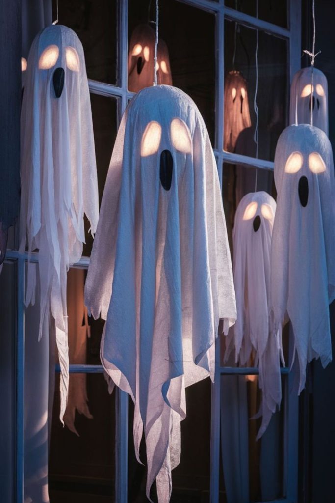 Haunted windows with ghostly fabric faces