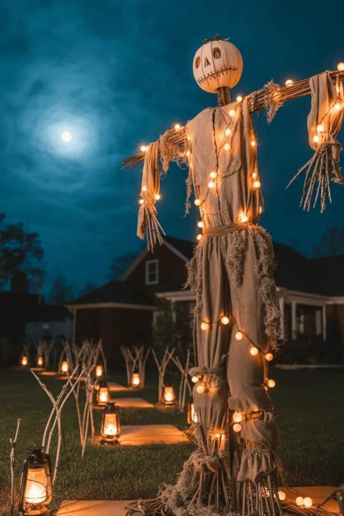 Giant pumpkin scarecrow guarding spooky yard entrance