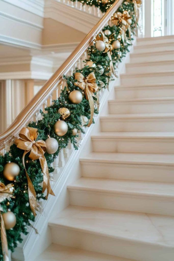 Golden garland staircase with sparkling ornaments