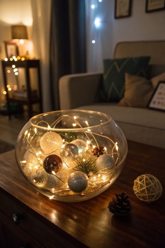 Glass ornament bowl glowing centerpiece.