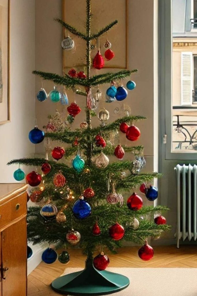 Glass-shard reflective metallic Christmas ornaments.