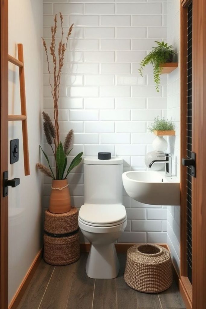 Golden wood compact cozy bathroom retreat.