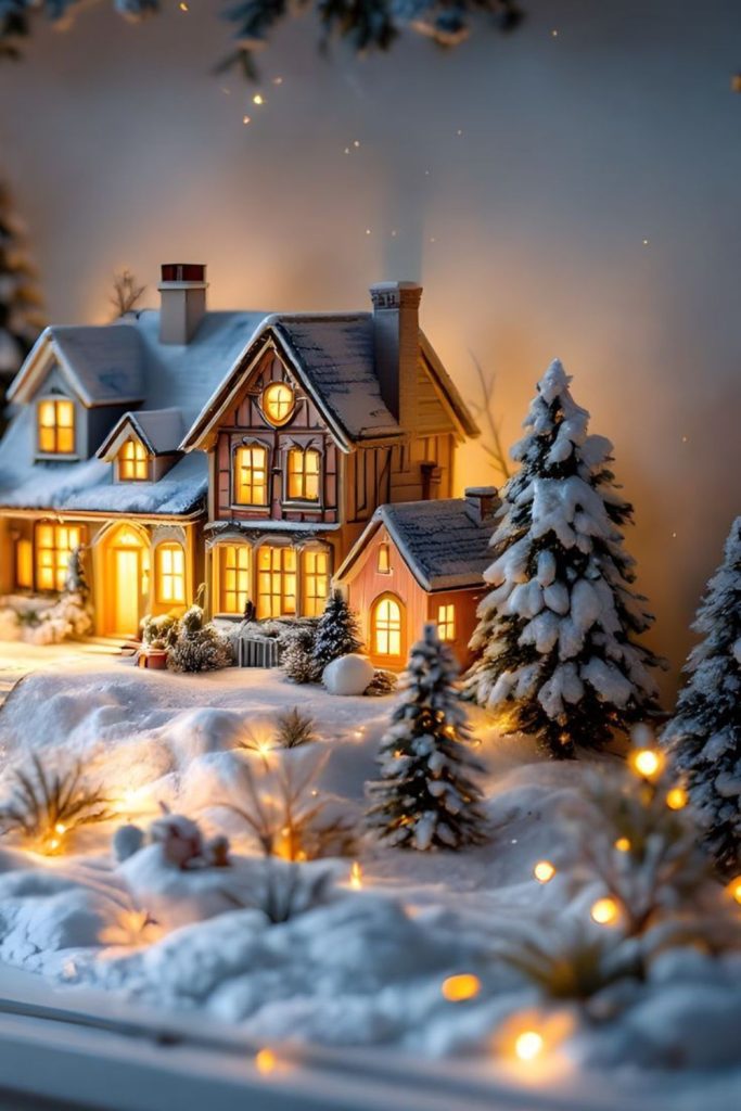 Glittered Christmas village with pastel houses.
