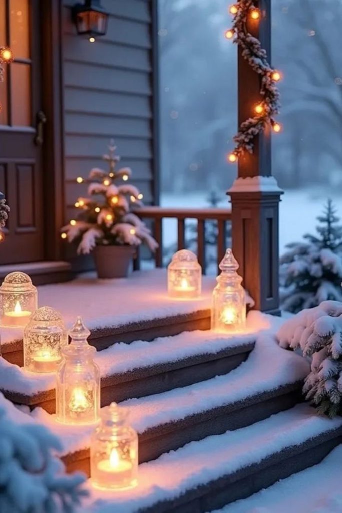 Candlelit golden frosty winter porch.