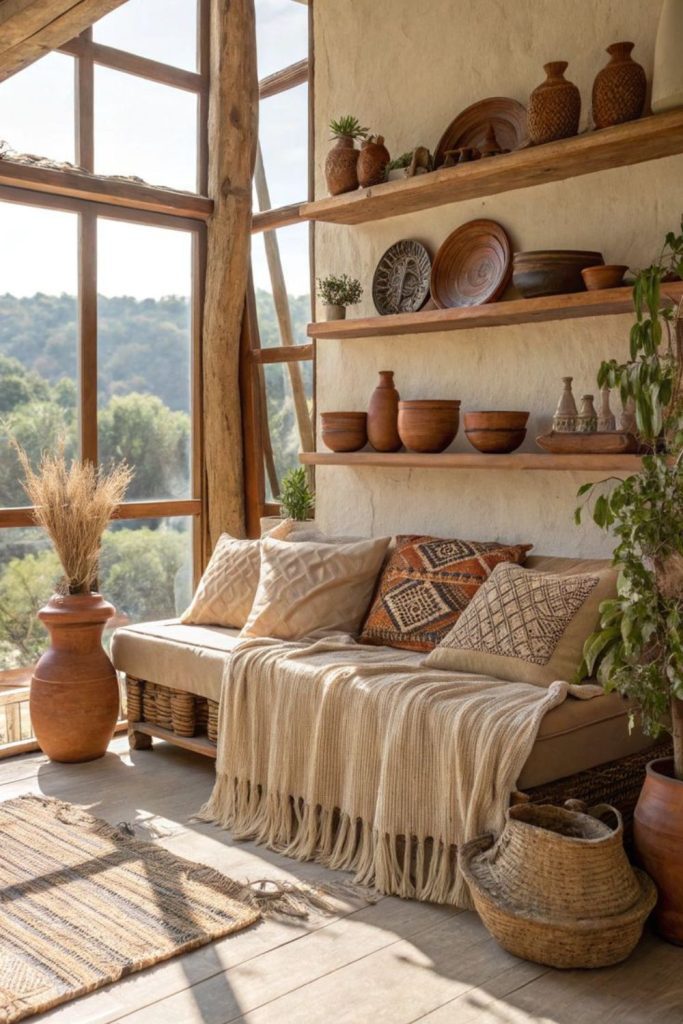 Clay-toned sunlit bohemian sanctuary.