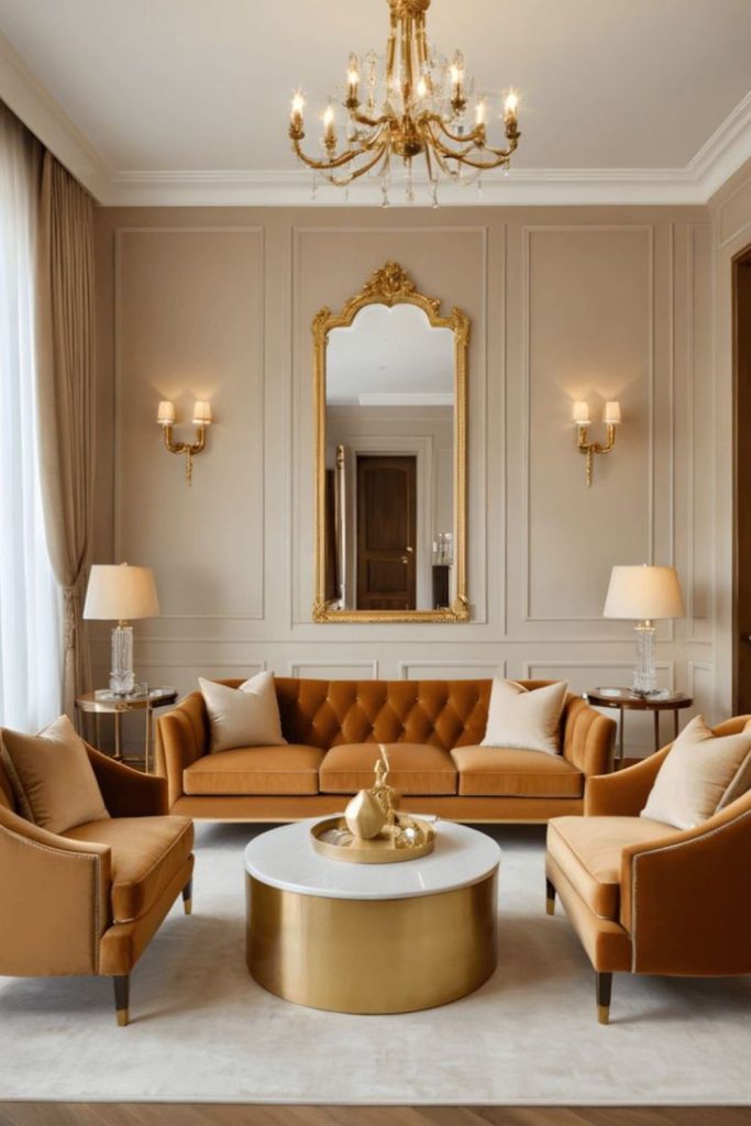 Golden drape parlor with amber tones.