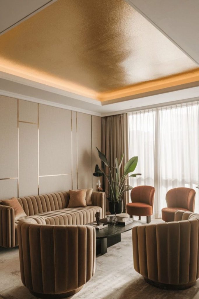 Golden amber luxurious modern living space.