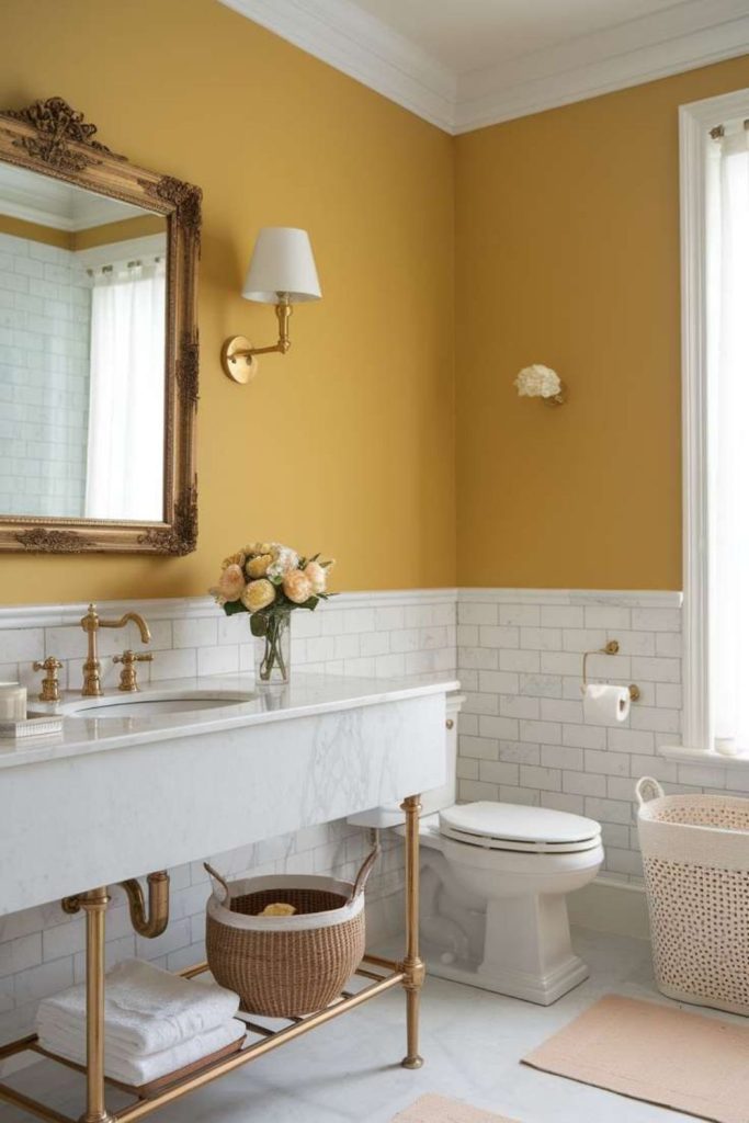 Golden warm-toned small bathroom decor.