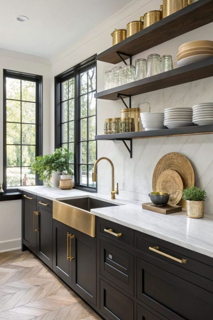 Black and gold elegant kitchen interior.