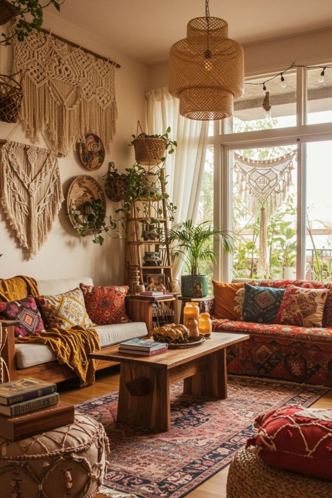 Amber-lit cozy bohemian lounge design.
