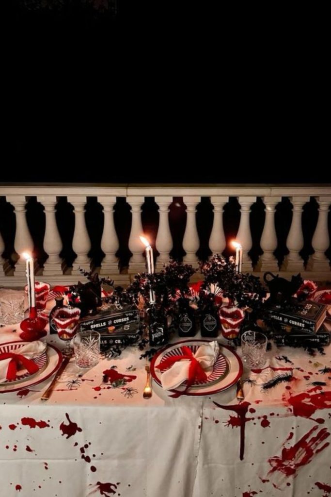 Gory meat tray with fake blood.