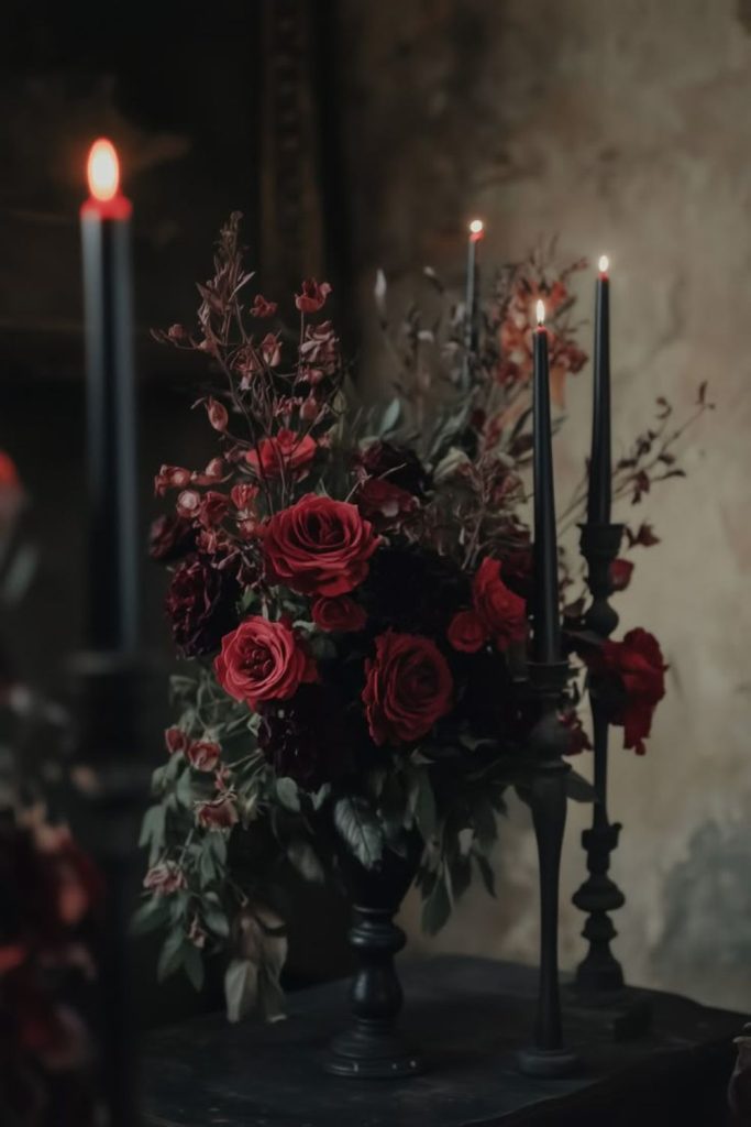 Gothic candle garden with dark roses.