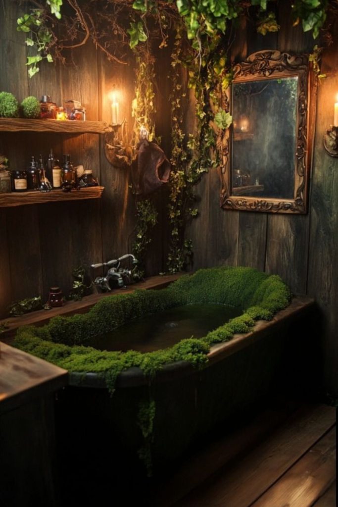 Gothic witch forest bathroom with dark ambiance.