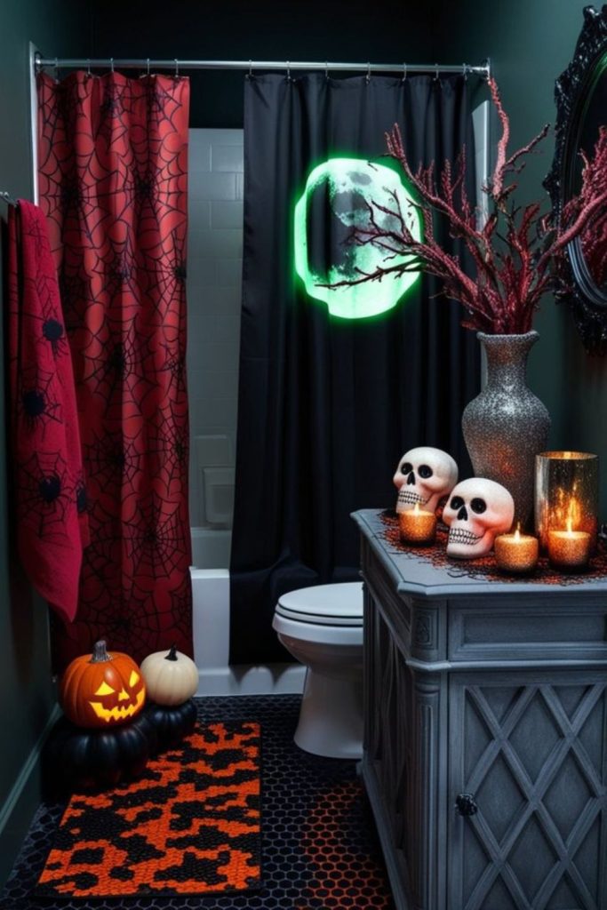 Gothic glam black marble Halloween bathroom.