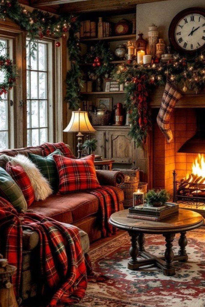 Patchwork rustic homemade Christmas living room.