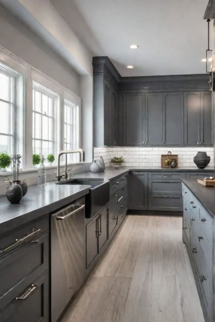 Graphite grey luxury modern kitchen layout.