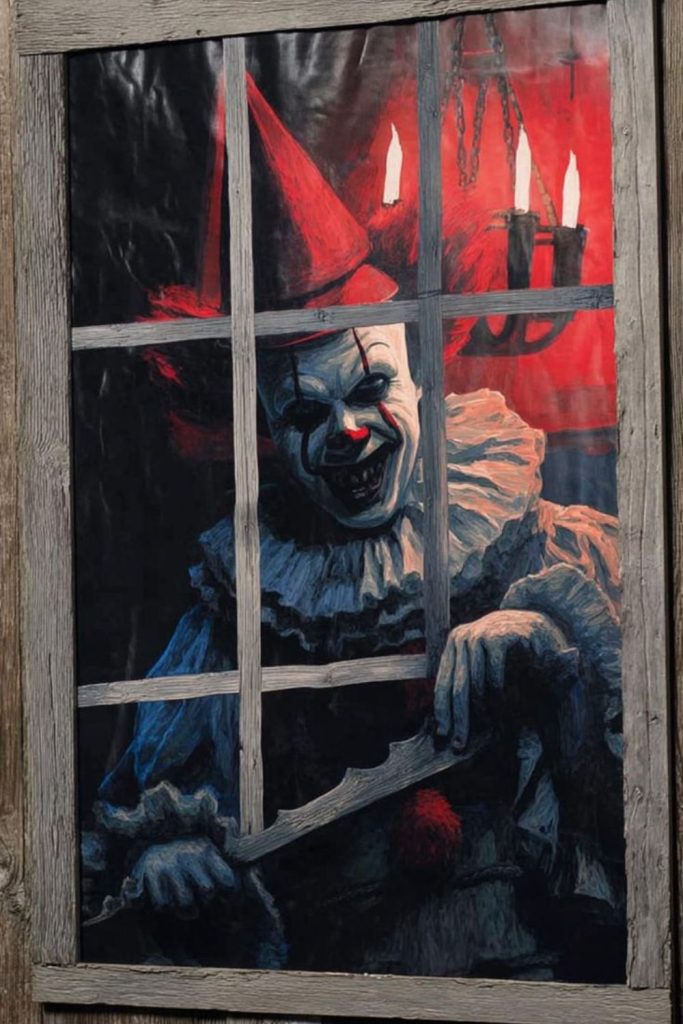 Creepy clown face with sharp teeth.