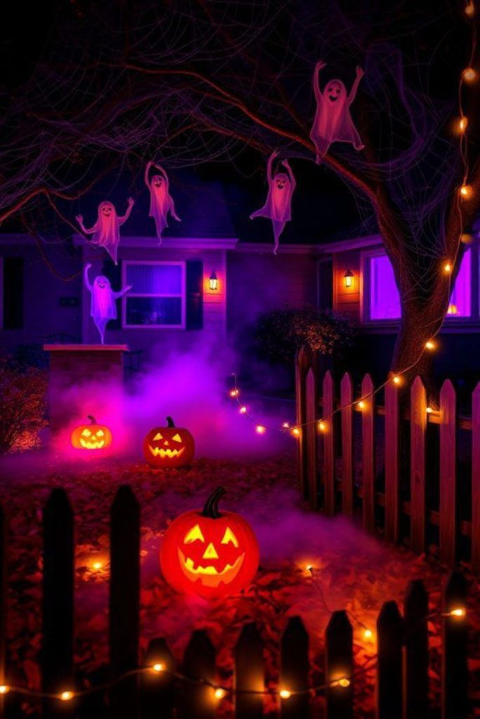 Jack-o’-lantern fence with glowing smiles