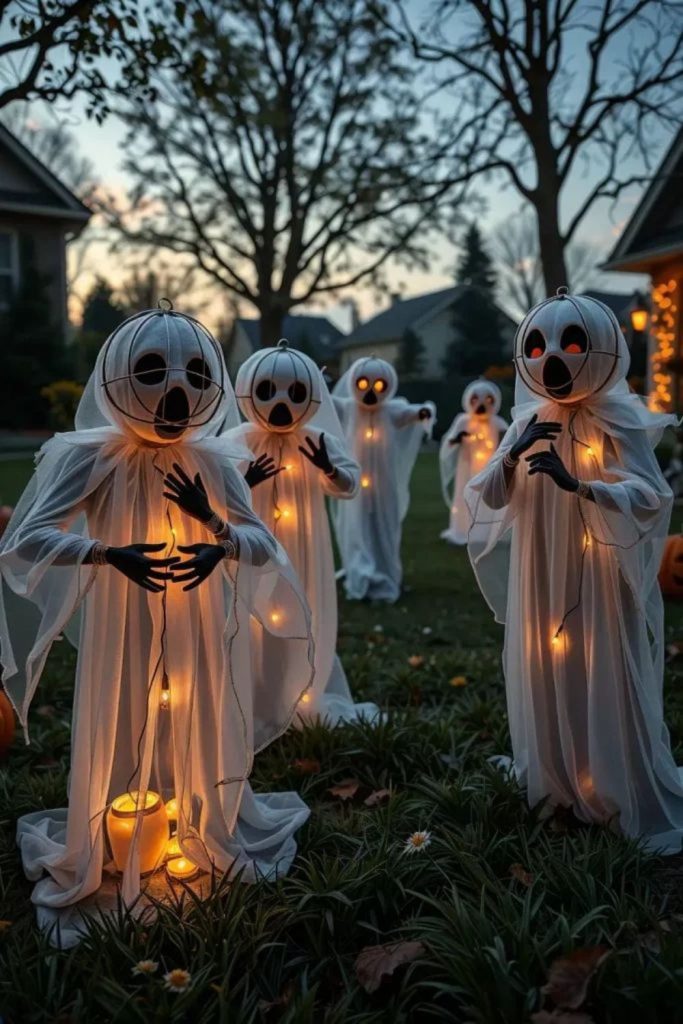 DIY circle head ghost figures Halloween yard