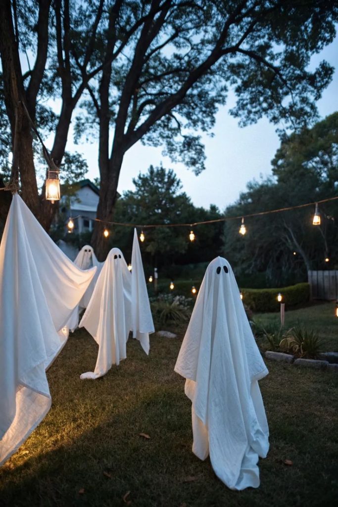Floating ghost drapes swaying in breeze