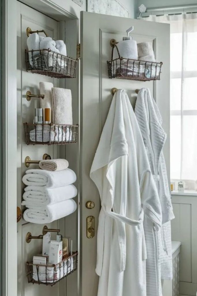 Hanging wire baskets for essentials.