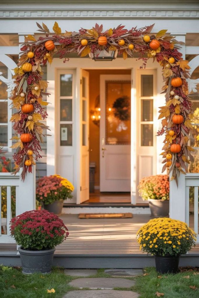 Garland-decorated porch with soft glow.