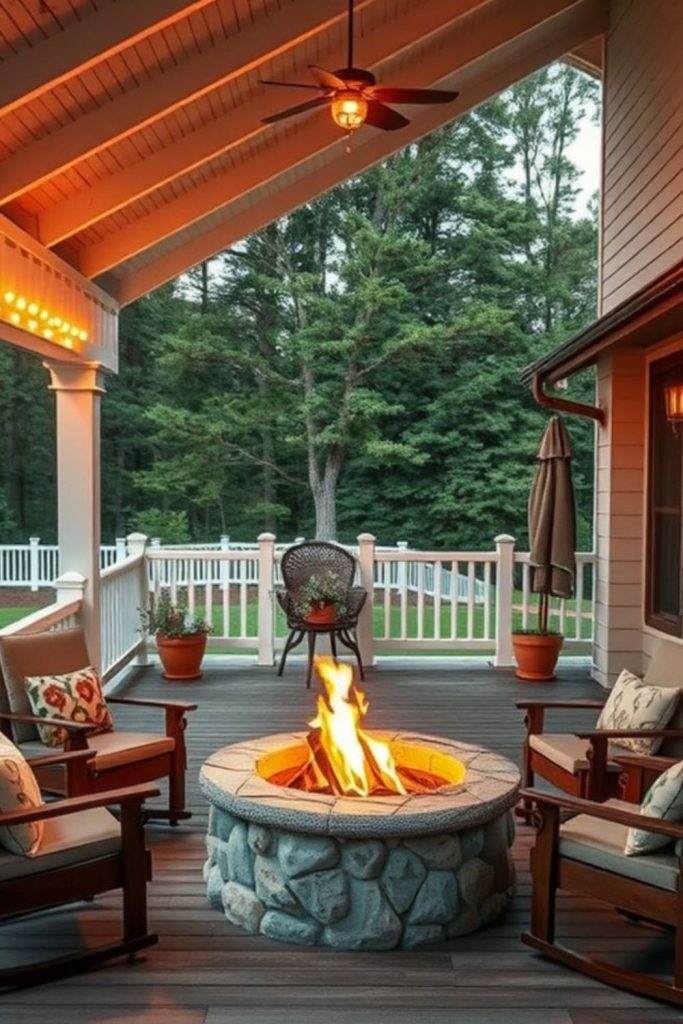 Hearth porch with brick fireplace glow.