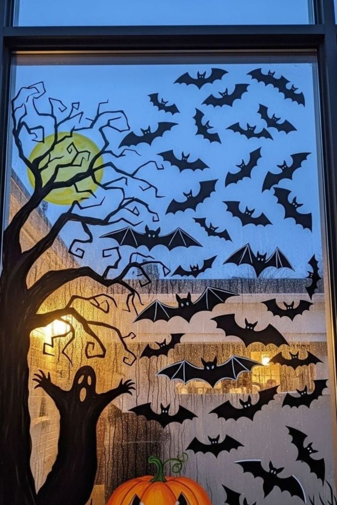 Harvest moon with bats and stalks.