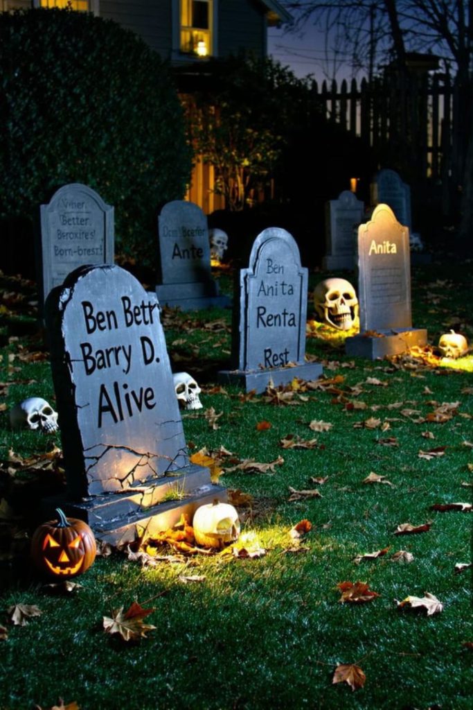 Haunted graveyard with skulls and dim lights