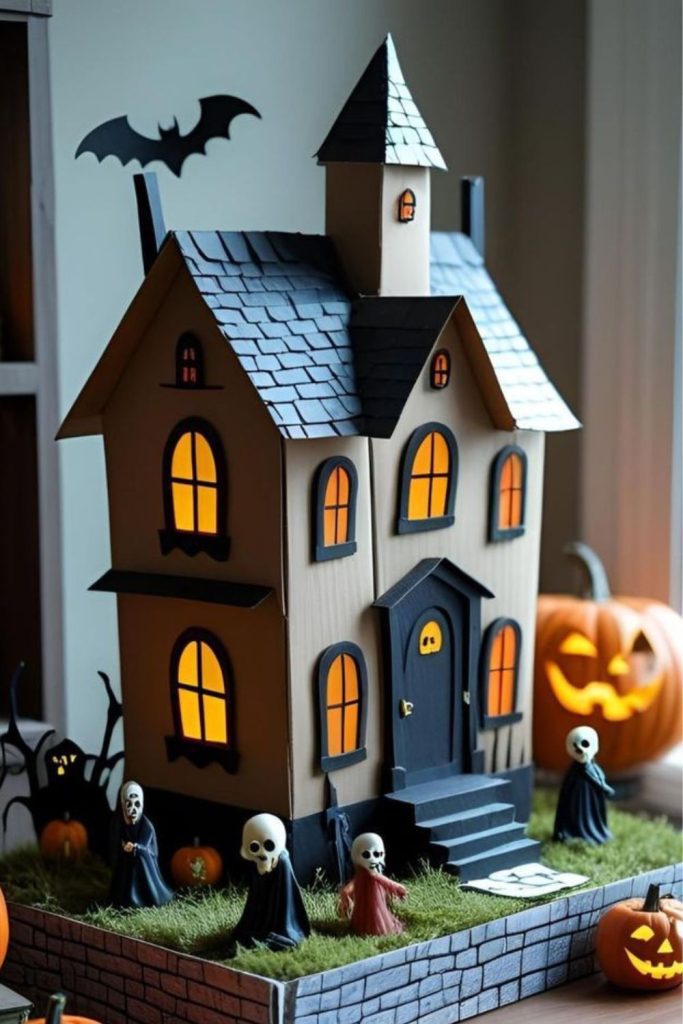 Cardboard haunted houses with spooky lights.