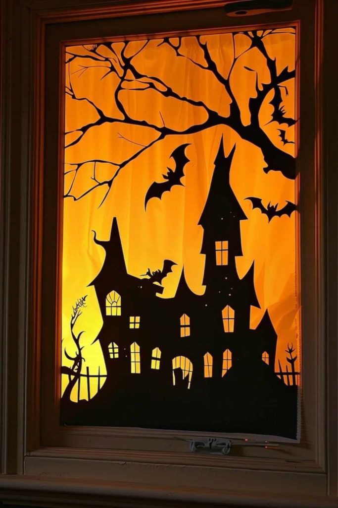 Haunted house silhouette painted on glass.